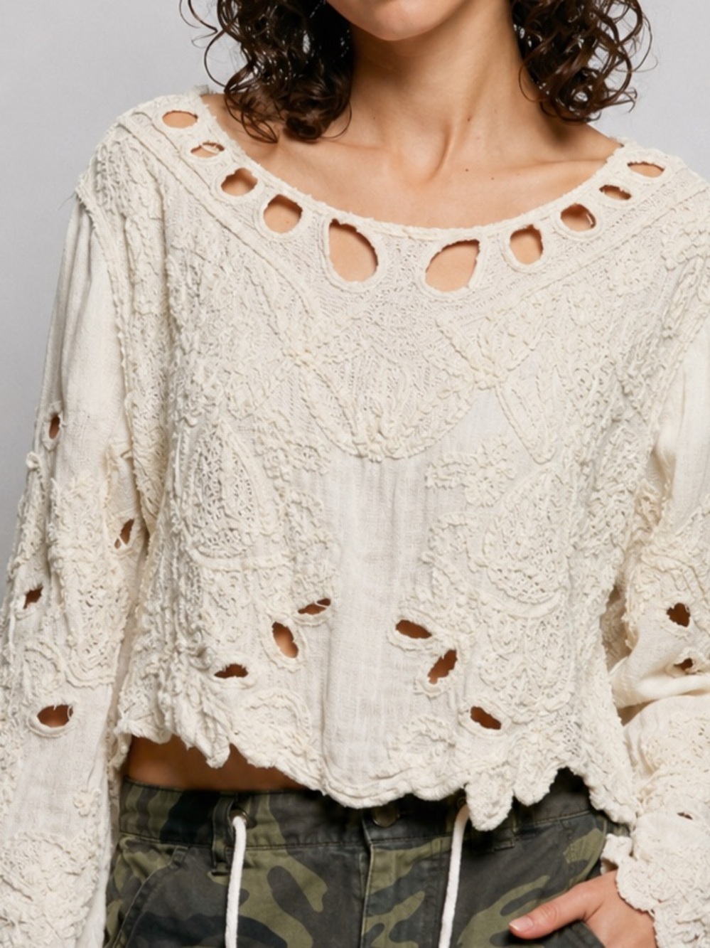 New POL crochet cotton la crop blouse top OS - Picture 2 of 3